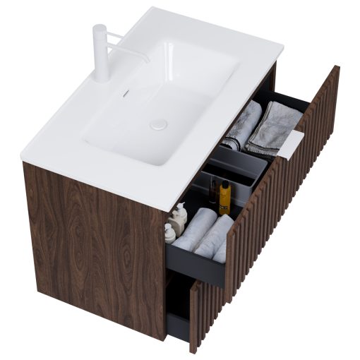 HD Ravello Matt Hazel 60 komplett fürdőszoba bútor szett fali mosdószekrénnyel, matt fehér fogantyúkkal, fényes fehér slim mosdóval, tükörrel és magasszekrénnyel