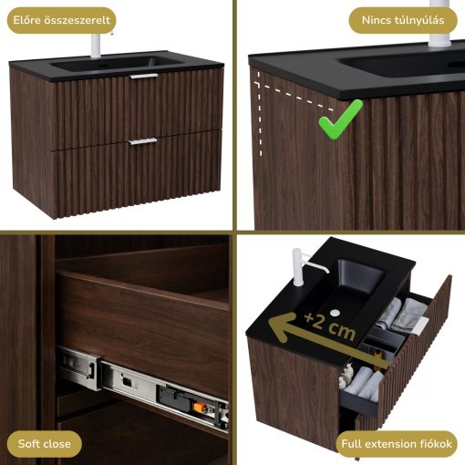 HD Ravello Matt Hazel 60 komplett fürdőszoba bútor fali mosdószekrénnyel, matt fehér fogantyúkkal, matt fekete slim mosdóval és tükörrel