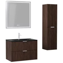 HD Ravello Matt Hazel 60 komplett fürdőszoba bútor szett fali mosdószekrénnyel, matt fehér fogantyúkkal, matt fekete slim mosdóval, tükörrel és magasszekrénnyel