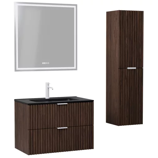 HD Ravello Matt Hazel 60 komplett fürdőszoba bútor szett fali mosdószekrénnyel, matt fehér fogantyúkkal, matt fekete slim mosdóval, tükörrel és magasszekrénnyel