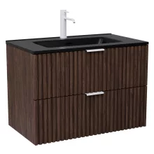 HD Ravello Matt Hazel 60 komplett fürdőszoba bútor szett fali mosdószekrénnyel, matt fehér fogantyúkkal, matt fekete slim mosdóval, tükörrel és magasszekrénnyel