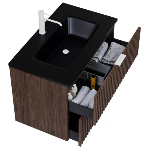 HD Ravello Matt Hazel 60 komplett fürdőszoba bútor szett fali mosdószekrénnyel, matt fehér fogantyúkkal, matt fekete slim mosdóval, tükörrel és magasszekrénnyel