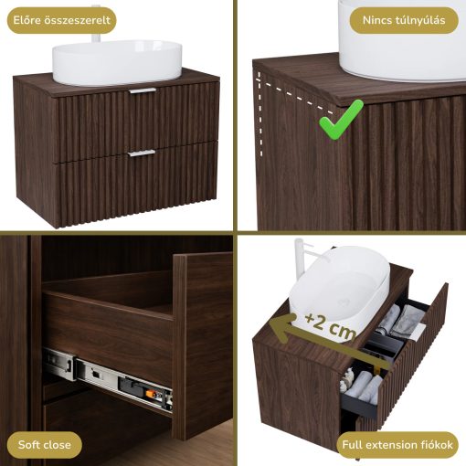 HD Rapallo Matt Hazel 60 fali mosdószekrény mogyoró színű mosdópulttal és matt fehér fogantyúkkal