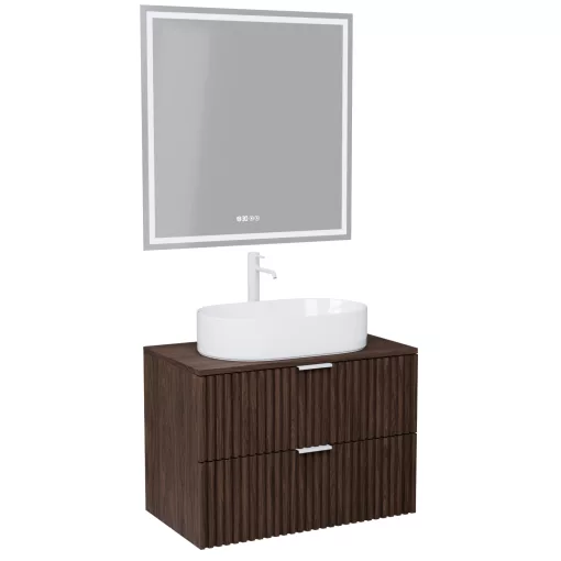 HD Rapallo Matt Hazel 60 komplett fürdőszoba bútor fali mosdószekrénnyel, matt fehér fogantyúkkal, mogyoró színű mosdópulttal és tükörrel