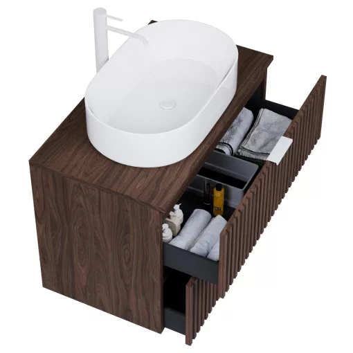 HD Rapallo Matt Hazel 60 komplett fürdőszoba bútor fali mosdószekrénnyel, matt fehér fogantyúkkal, mogyoró színű mosdópulttal és tükörrel