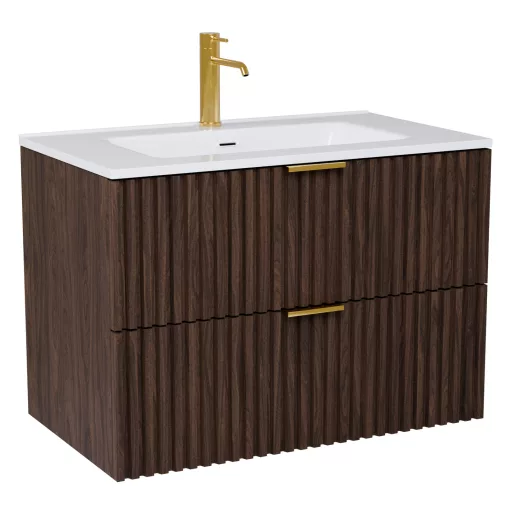 HD Ravello Matt Hazel 60 fali mosdószekrény szálcsiszolt arany fogantyúkkal és fényes fehér slim mosdóval