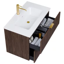 HD Ravello Matt Hazel 60 fali mosdószekrény szálcsiszolt arany fogantyúkkal és fényes fehér slim mosdóval