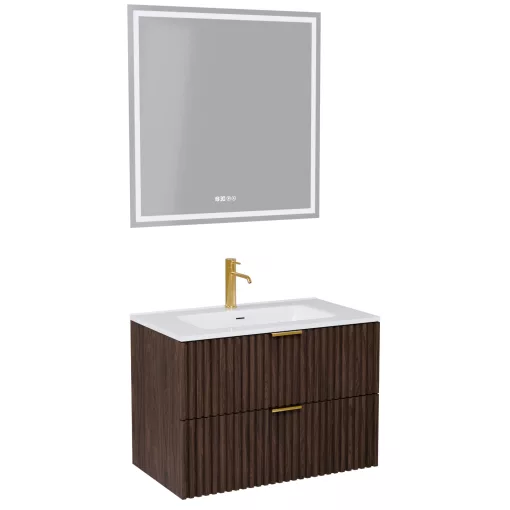 HD Ravello Matt Hazel 60 komplett fürdőszoba bútor fali mosdószekrénnyel, szálcsiszolt arany fogantyúkkal, fényes fehér slim mosdóval és tükörrel