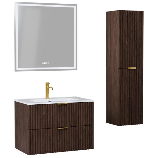 HD Ravello Matt Hazel 60 komplett fürdőszoba bútor szett fali mosdószekrénnyel, szálcsiszolt arany fogantyúkkal, fényes fehér slim mosdóval, tükörrel és magasszekrénnyel