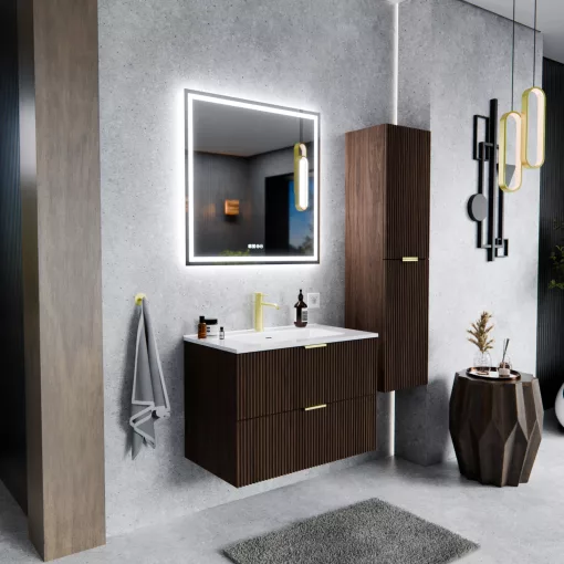 HD Ravello Matt Hazel 60 komplett fürdőszoba bútor szett fali mosdószekrénnyel, szálcsiszolt arany fogantyúkkal, fényes fehér slim mosdóval, tükörrel és magasszekrénnyel