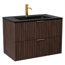 HD Ravello Matt Hazel 60 fali mosdószekrény szálcsiszolt arany fogantyúkkal és matt fekete slim mosdóval