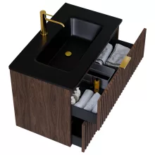 HD Ravello Matt Hazel 60 fali mosdószekrény szálcsiszolt arany fogantyúkkal és matt fekete slim mosdóval