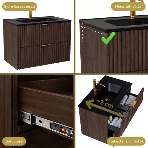 HD Ravello Matt Hazel 60 fali mosdószekrény szálcsiszolt arany fogantyúkkal és matt fekete slim mosdóval