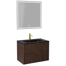 HD Ravello Matt Hazel 60 komplett fürdőszoba bútor fali mosdószekrénnyel, szálcsiszolt arany fogantyúkkal, matt fekete slim mosdóval és tükörrel