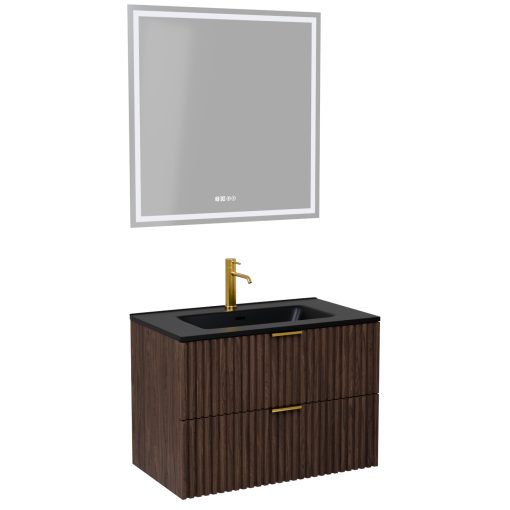 HD Ravello Matt Hazel 60 komplett fürdőszoba bútor fali mosdószekrénnyel, szálcsiszolt arany fogantyúkkal, matt fekete slim mosdóval és tükörrel