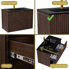 HD Ravello Matt Hazel 60 komplett fürdőszoba bútor fali mosdószekrénnyel, szálcsiszolt arany fogantyúkkal, matt fekete slim mosdóval és tükörrel