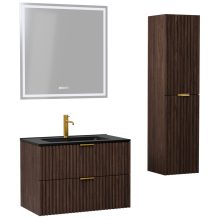 HD Ravello Matt Hazel 60 komplett fürdőszoba bútor szett fali mosdószekrénnyel, szálcsiszolt arany fogantyúkkal, matt fekete slim mosdóval, tükörrel és magasszekrénnyel