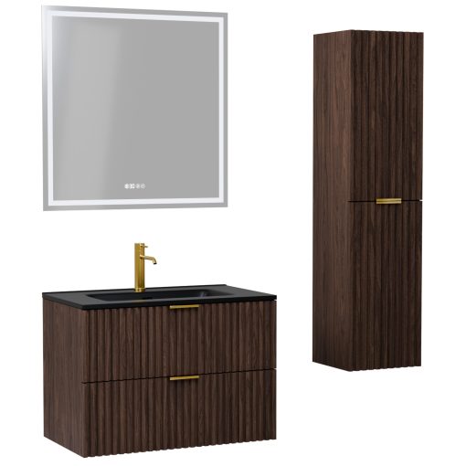 HD Ravello Matt Hazel 60 komplett fürdőszoba bútor szett fali mosdószekrénnyel, szálcsiszolt arany fogantyúkkal, matt fekete slim mosdóval, tükörrel és magasszekrénnyel