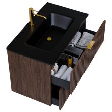 HD Ravello Matt Hazel 60 komplett fürdőszoba bútor szett fali mosdószekrénnyel, szálcsiszolt arany fogantyúkkal, matt fekete slim mosdóval, tükörrel és magasszekrénnyel