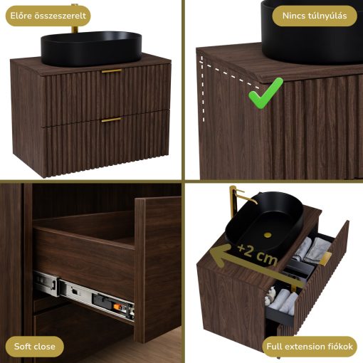 HD Rapallo Matt Hazel 60 fali mosdószekrény mogyoró színű mosdópulttal és szálcsiszolt arany fogantyúkkal