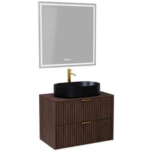 HD Rapallo Matt Hazel 60 komplett fürdőszoba bútor fali mosdószekrénnyel, szálcsiszolt arany fogantyúkkal, mogyoró színű mosdópulttal és tükörrel