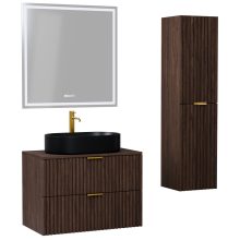 HD Rapallo Matt Hazel 60 komplett fürdőszoba bútor szett fali mosdószekrénnyel, szálcsiszolt arany fogantyúval, mogyoró színű mosdópulttal, tükörrel és magasszekrénnyel