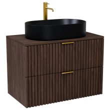 HD Rapallo Matt Hazel 60 komplett fürdőszoba bútor szett fali mosdószekrénnyel, szálcsiszolt arany fogantyúval, mogyoró színű mosdópulttal, tükörrel és magasszekrénnyel