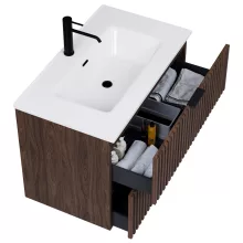 HD Ravello Matt Hazel 60 fali mosdószekrény matt fekete fogantyúkkal és fényes fehér slim mosdóval