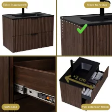 HD Ravello Matt Hazel 60 fali mosdószekrény matt fekete fogantyúkkal és matt fekete slim mosdóval