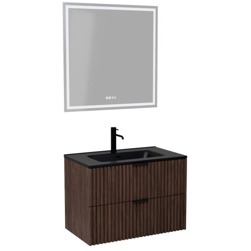 HD Ravello Matt Hazel 60 komplett fürdőszoba bútor fali mosdószekrénnyel, matt fekete fogantyúkkal, matt fekete slim mosdóval és tükörrel