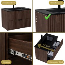 HD Ravello Matt Hazel 60 komplett fürdőszoba bútor fali mosdószekrénnyel, matt fekete fogantyúkkal, matt fekete slim mosdóval és tükörrel