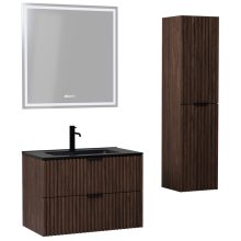 HD Ravello Matt Hazel 60 komplett fürdőszoba bútor szett fali mosdószekrénnyel, matt fekete fogantyúkkal, matt fekete slim mosdóval, tükörrel és magasszekrénnyel