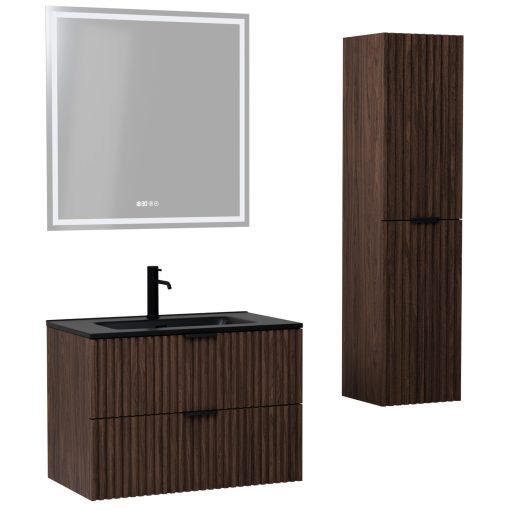 HD Ravello Matt Hazel 60 komplett fürdőszoba bútor szett fali mosdószekrénnyel, matt fekete fogantyúkkal, matt fekete slim mosdóval, tükörrel és magasszekrénnyel