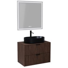 HD Rapallo Matt Hazel 60/80 komplett fürdőszoba bútor fali mosdószekrénnyel, matt fekete fogantyúkkal, mogyoró színű mosdópulttal és tükörrel