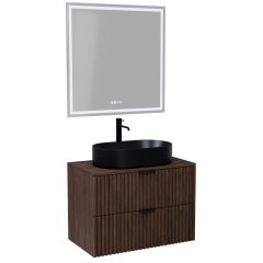   HD Rapallo Matt Hazel 60/80 komplett fürdőszoba bútor fali mosdószekrénnyel, matt fekete fogantyúkkal, mogyoró színű mosdópulttal és tükörrel