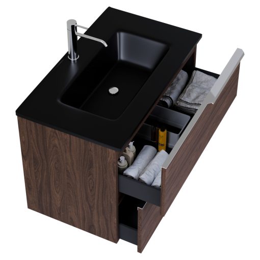 HD Cremona Matt Hazel 60 fali mosdószekrény fényes króm fogantyúkkal és matt fekete slim mosdóval