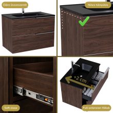 HD Cremona Matt Hazel 60 komplett fürdőszoba bútor szett fali mosdószekrénnyel, fényes króm fogantyúkkal, matt fekete slim mosdóval, tükörrel és magasszekrénnyel