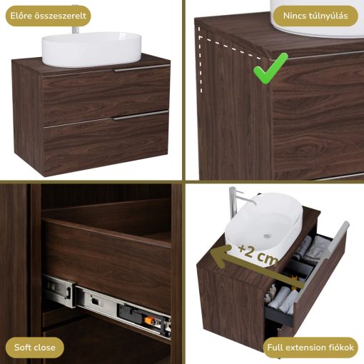 HD Carona Matt Hazel 60 komplett fürdőszoba bútor fali mosdószekrénnyel, fényes króm fogantyúkkal, mogyoró színű mosdópulttal és tükörrel