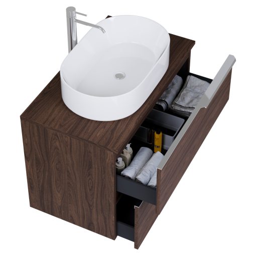 HD Carona Matt Hazel 60 komplett fürdőszoba bútor szett fali mosdószekrénnyel, fényes króm fogantyúkkal, mogyoró színű mosdópulttal, tükörrel és magasszekrénnyel