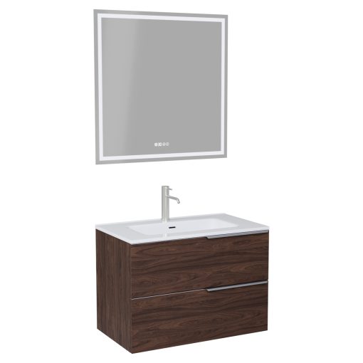 HD Cremona Matt Hazel 60 komplett fürdőszoba bútor fali mosdószekrénnyel, szálcsiszolt króm fogantyúkkal, fényes fehér slim mosdóval és tükörrel
