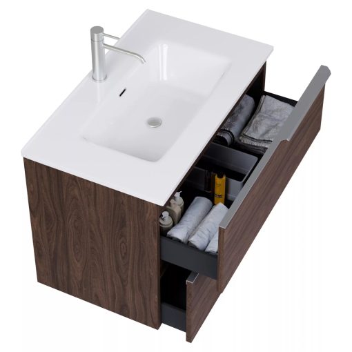 HD Cremona Matt Hazel 60 komplett fürdőszoba bútor fali mosdószekrénnyel, szálcsiszolt króm fogantyúkkal, fényes fehér slim mosdóval és tükörrel