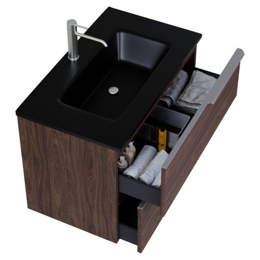 HD Cremona Matt Hazel 60 fali mosdószekrény szálcsiszolt króm fogantyúkkal és matt fekete slim mosdóval