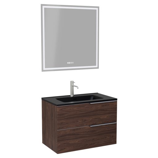 HD Cremona Matt Hazel 60 komplett fürdőszoba bútor fali mosdószekrénnyel, szálcsiszolt króm fogantyúkkal, matt fekete slim mosdóval és tükörrel