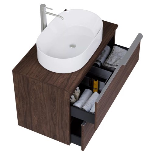 HD Carona Matt Hazel 60 komplett fürdőszoba bútor fali mosdószekrénnyel, szálcsiszolt króm fogantyúkkal, mogyoró színű mosdópulttal és tükörrel