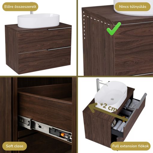 HD Carona Matt Hazel 60 komplett fürdőszoba bútor fali mosdószekrénnyel, szálcsiszolt króm fogantyúkkal, mogyoró színű mosdópulttal és tükörrel