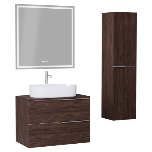 HD Carona Matt Hazel 60 komplett fürdőszoba bútor szett fali mosdószekrénnyel, szálcsiszolt króm fogantyúkkal, mogyoró színű mosdópulttal, tükörrel és magasszekrénnyel