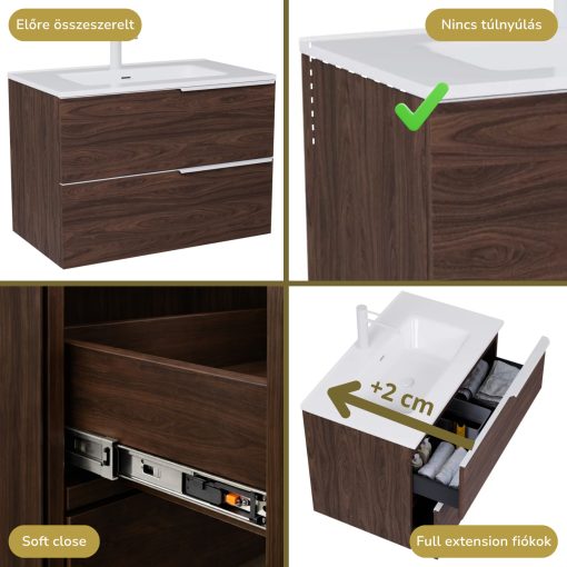 HD Cremona Matt Hazel 60 komplett fürdőszoba bútor szett fali mosdószekrénnyel, matt fehér fogantyúkkal, fényes fehér slim mosdóval, tükörrel és magasszekrénnyel