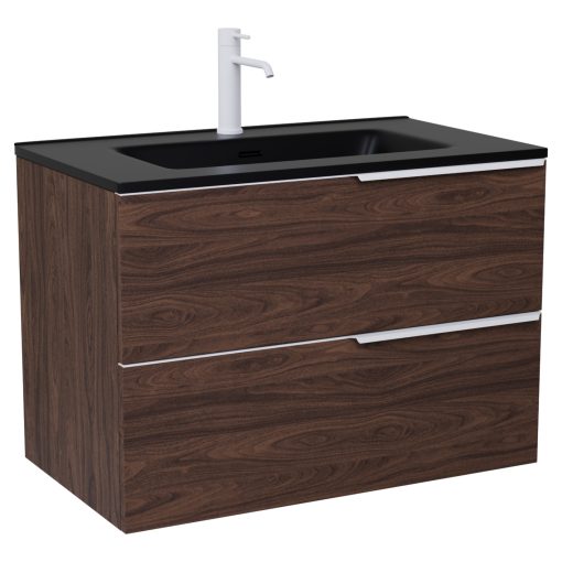 HD Cremona Matt Hazel 60 komplett fürdőszoba bútor szett fali mosdószekrénnyel, matt fehér fogantyúkkal, matt fekete slim mosdóval, tükörrel és magasszekrénnyel