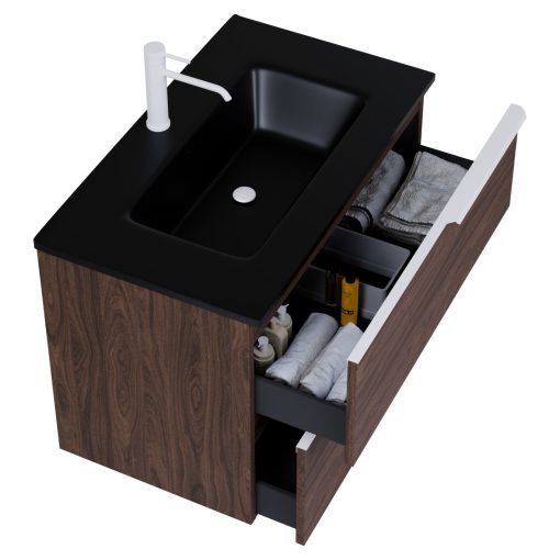 HD Cremona Matt Hazel 60 komplett fürdőszoba bútor szett fali mosdószekrénnyel, matt fehér fogantyúkkal, matt fekete slim mosdóval, tükörrel és magasszekrénnyel