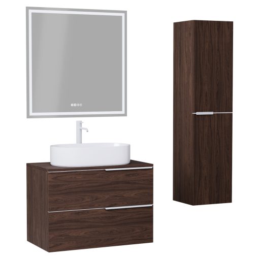 HD Carona Matt Hazel 60 komplett fürdőszoba bútor szett fali mosdószekrénnyel, matt fehér fogantyúkkal, mogyoró színű mosdópulttal, tükörrel és magasszekrénnyel